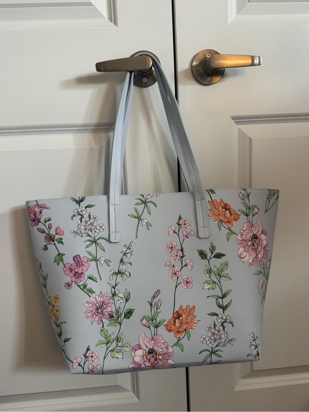 Indigo Floral Tote in Light Gray with Multicolor Blooms